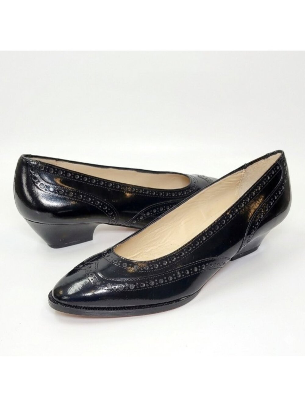Vintage Evan Picone Black Patent Leather Wingtip Brogue Heels Made in Italy 6